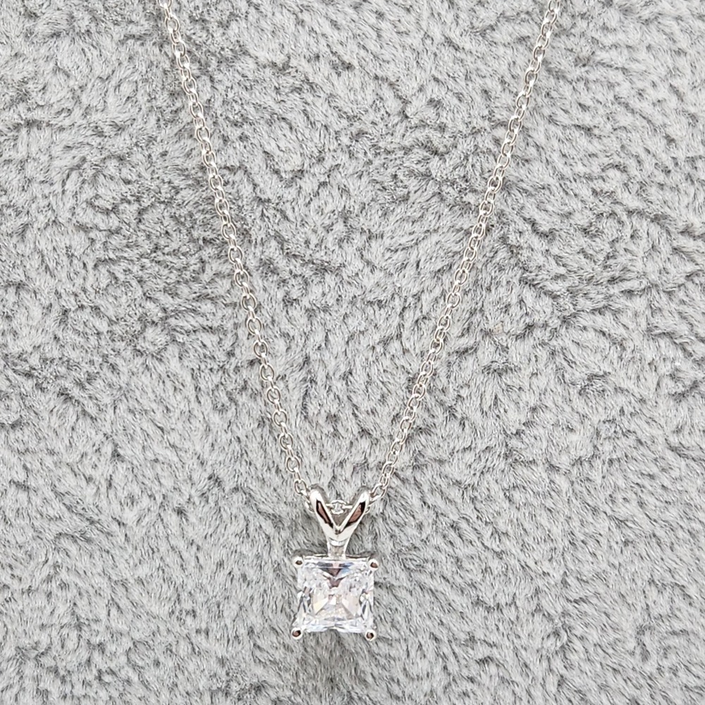 Dainty Platinum Plated Sterling Silver 1ct Princess Solitaire Necklace Classic